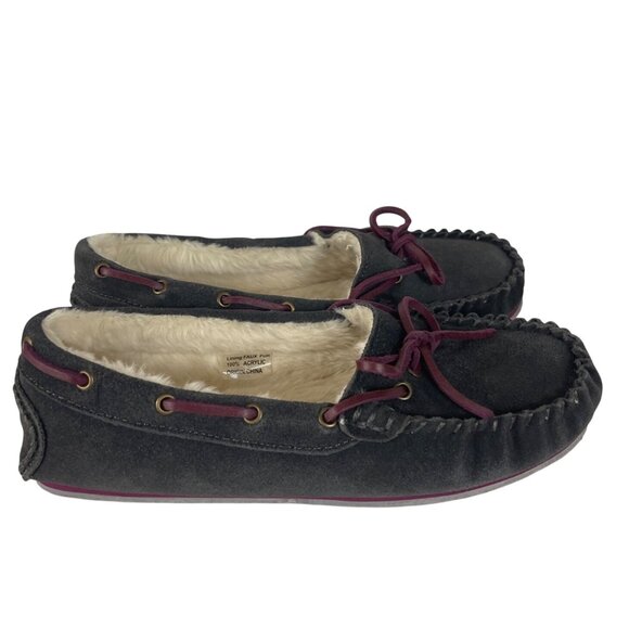 Clarks Suede Leather Faux Fur Lined Moccasin Slippers Womens 8M  Charcoal Gray - Picture 1 of 10